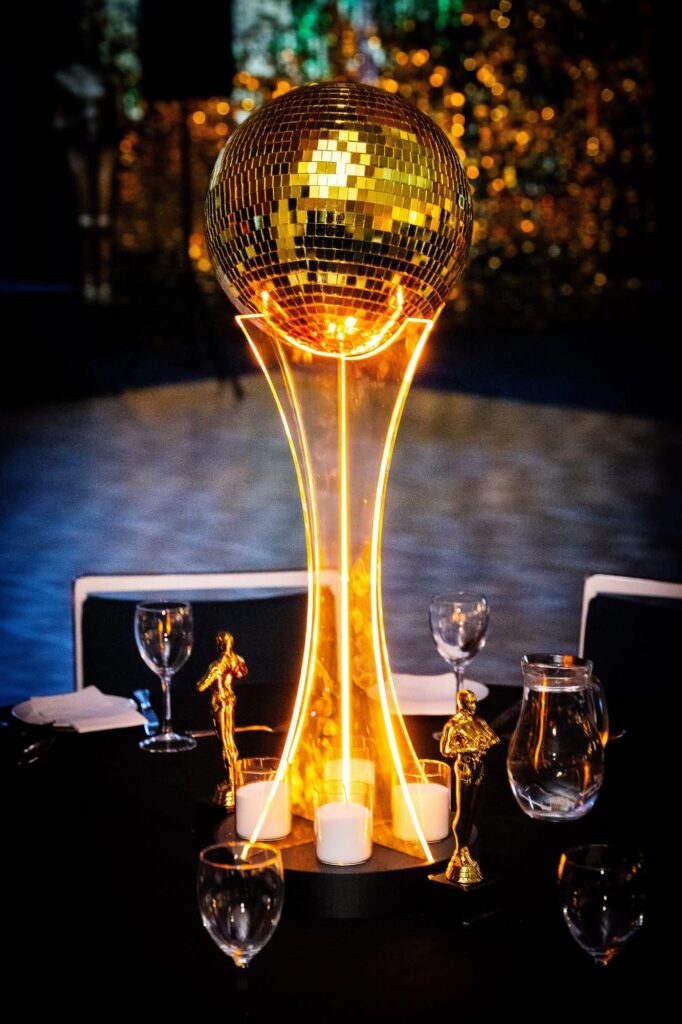 Luxury illuminated gold table centrepiece for gala and corporate event styling in Auckland