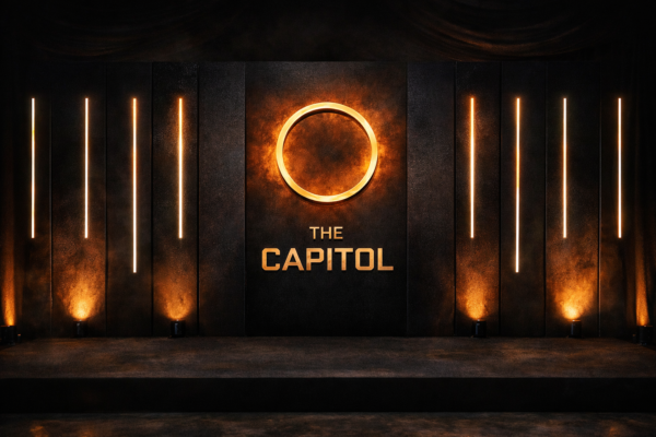 Cinematic Capitol inspired event backdrop with dramatic lighting for themed event hire Auckland