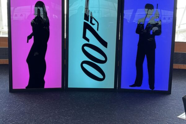 LED silhouette panels for hire in Auckland with custom 007 themed event graphics