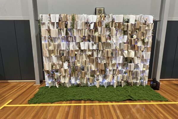 Storybook Book Wall backdrop for themed events, school balls and corporate styling in Auckland
